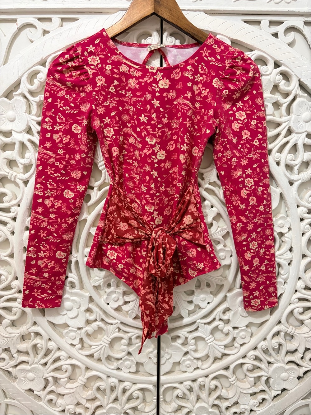 Free People Floral Open Back Tie Waist Bodysuit Pink XS